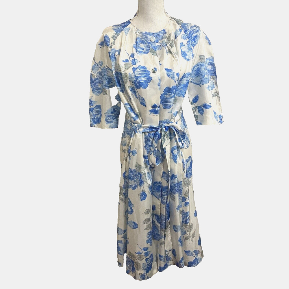 Vtg Gossard Artemis Robe Womens Sz Small Floral Blue Belted Button Up Pockets